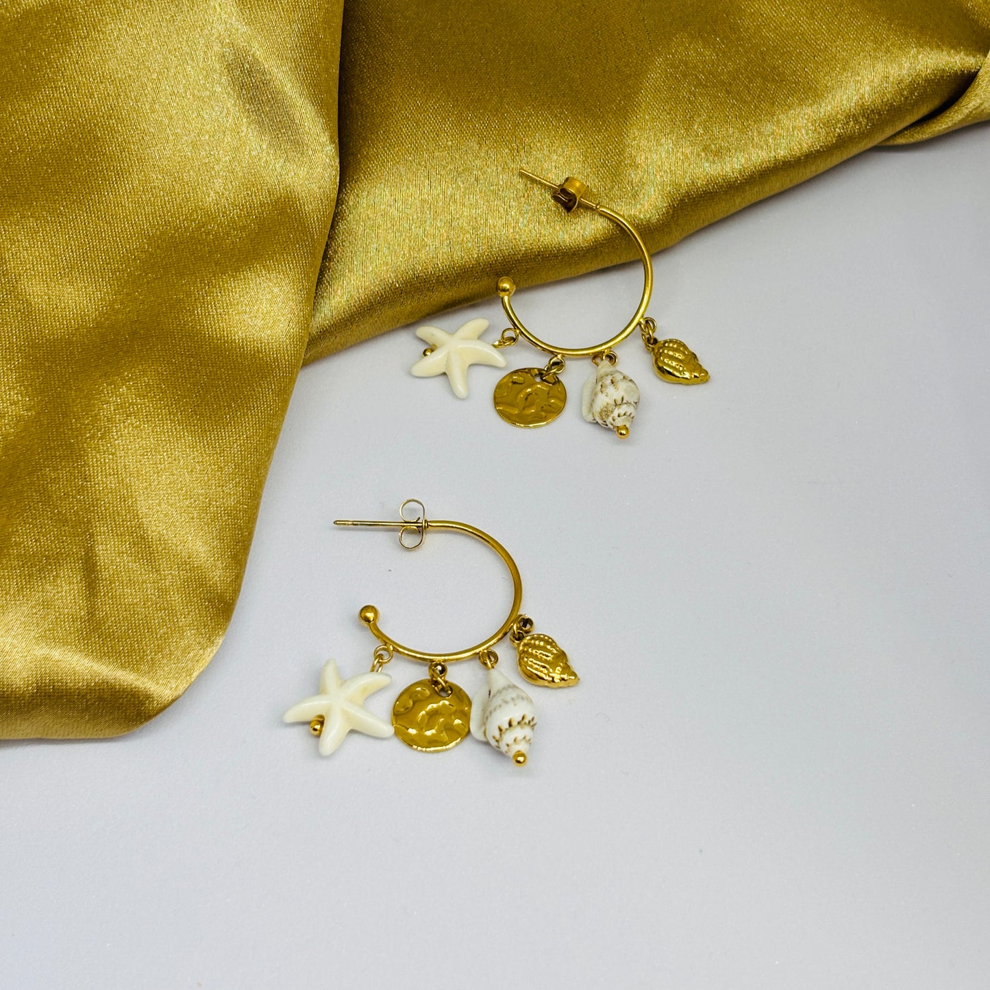Starfish Shell Hoop Earrings – Gold-Tone, Stainless Steel, Tarnish-Free, Waterproof, Hypoallergenic
