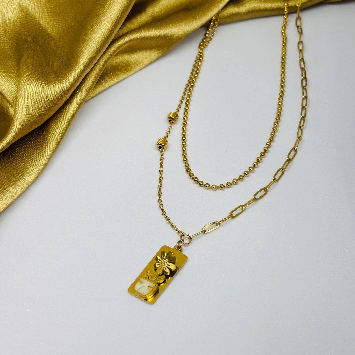 Hembu Jewelry Gold-Tone Double Layer Flower Pot Necklace – Tarnish-Free, Waterproof Stainless Steel, Hypoallergenic Jewelry