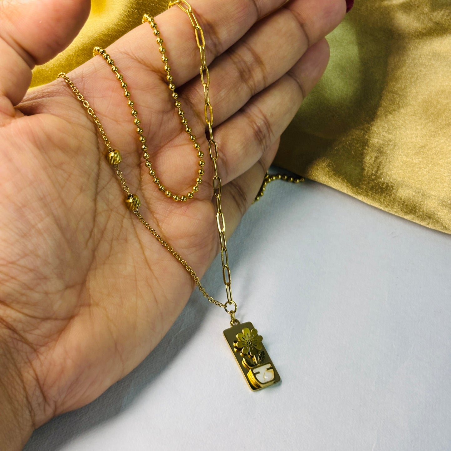 Hembu Jewelry Gold-Tone Double Layer Flower Pot Necklace – Tarnish-Free, Waterproof Stainless Steel, Hypoallergenic Jewelry