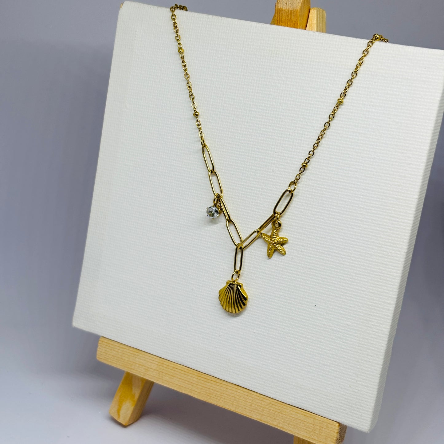 Shell, Star & Stone Necklace – Gold-Tone, Stainless Steel, Tarnish-Free, Waterproof, Hypoallergenic