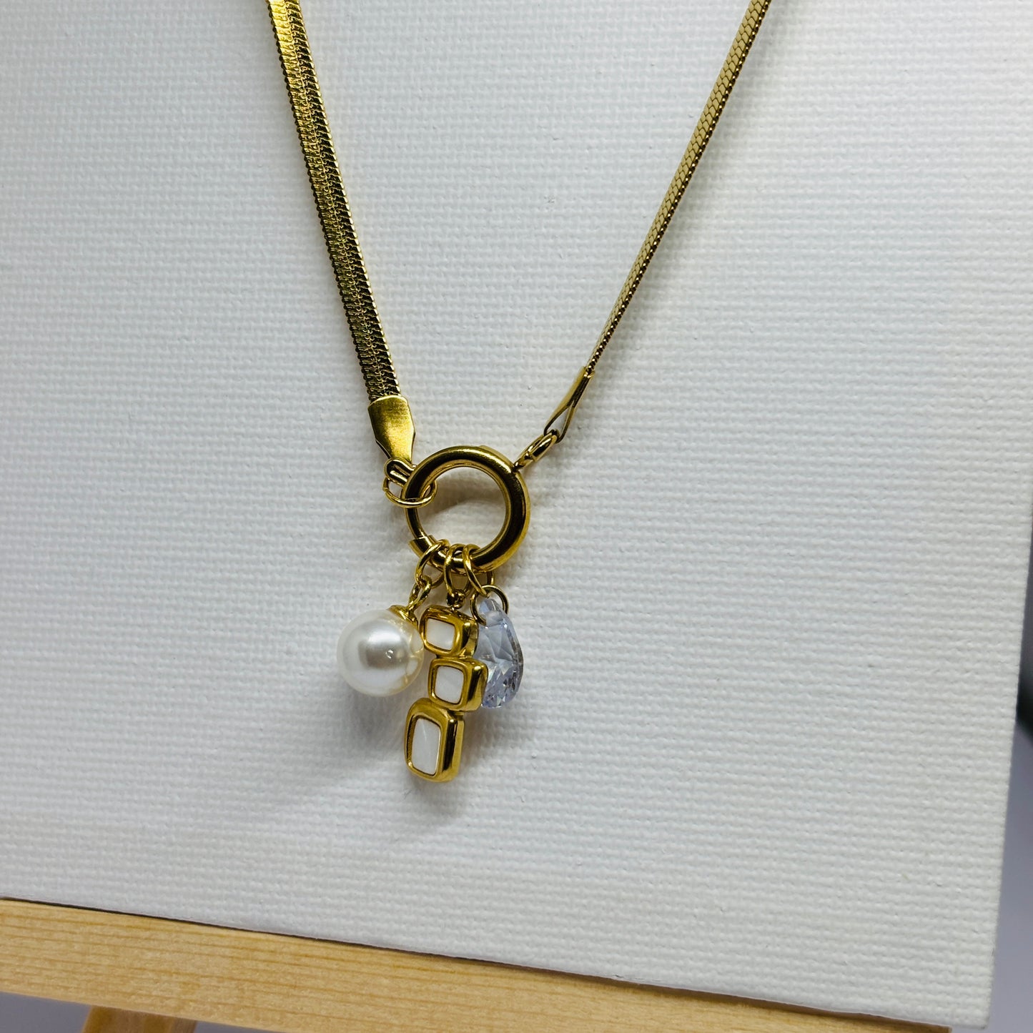 Trinity Charm Necklace – Pearl, Stone & Design Pendant – Gold-Tone, Stainless Steel, Tarnish-Free, Waterproof, Hypoallergenic