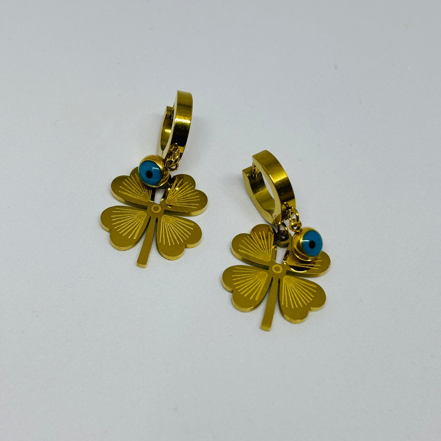 Evil Eye & Flower Charm Earrings – Gold-Tone, Stainless Steel, Tarnish-Free, Waterproof, Hypoallergenic