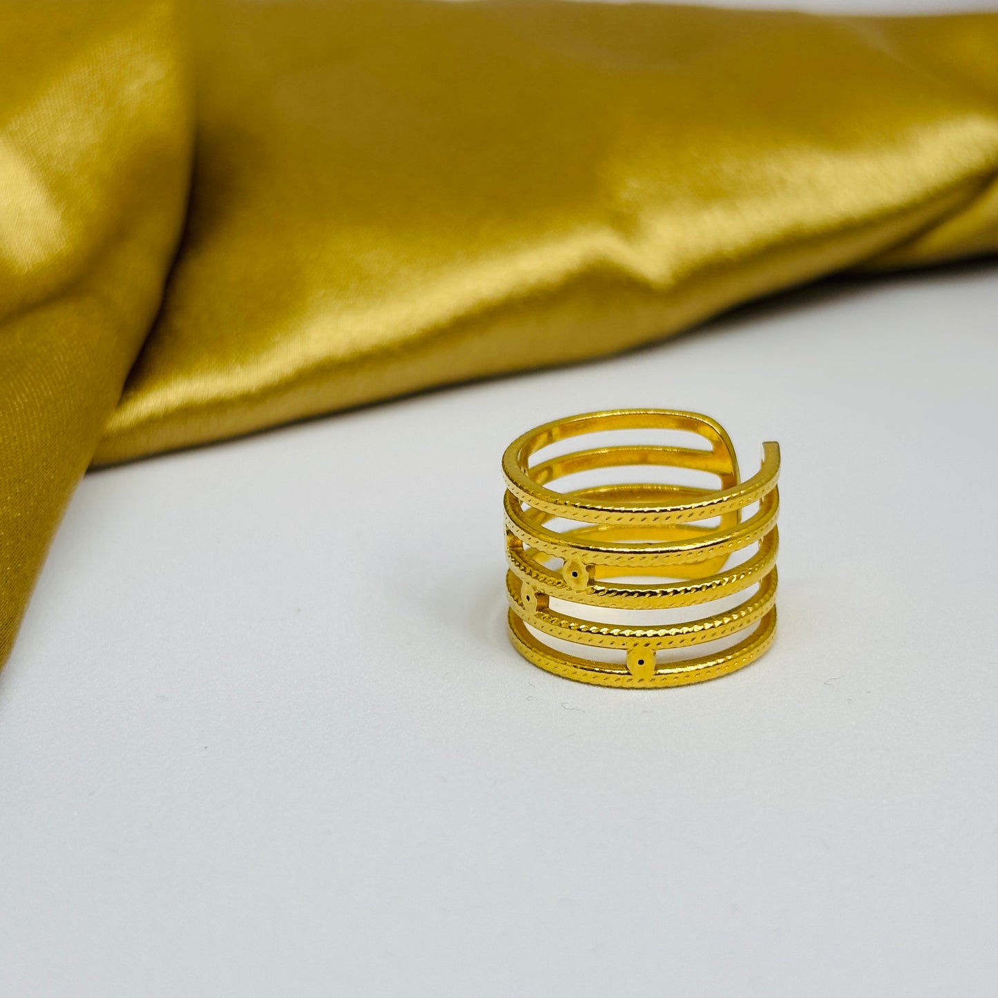 Statement Wide Band Ring – 5 Lines, Gold-Tone, Stainless Steel, Tarnish-Free, Waterproof, Hypoallergenic