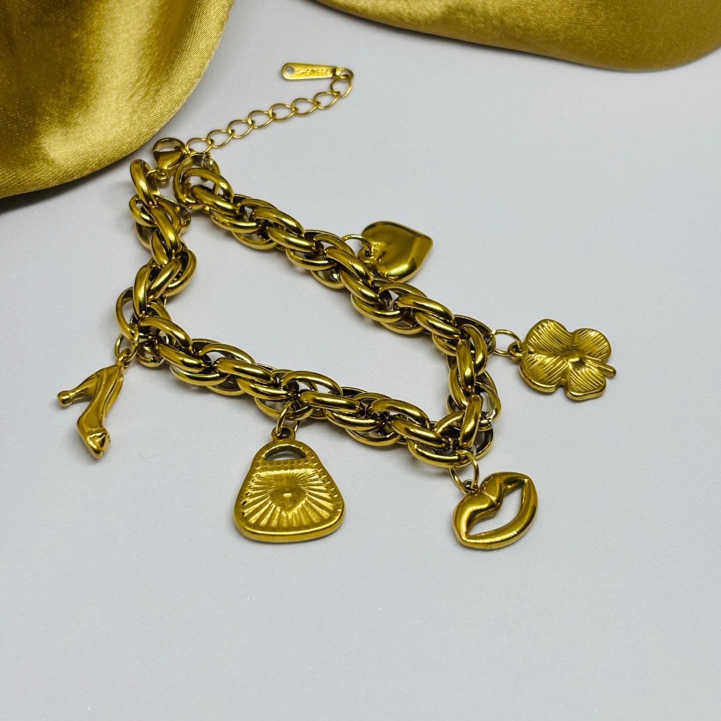 Hembu Jewelry Gold-Tone Charm Bracelet – Bags, Lips, Flower, Shoe & Sandal Charms – Tarnish-Free, Waterproof Stainless Steel, Hypoallergenic Jewelry