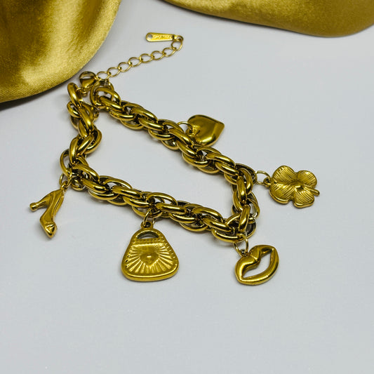 Hembu Jewelry Gold-Tone Charm Bracelet – Bags, Lips, Flower, Shoe & Sandal Charms – Tarnish-Free, Waterproof Stainless Steel, Hypoallergenic Jewelry