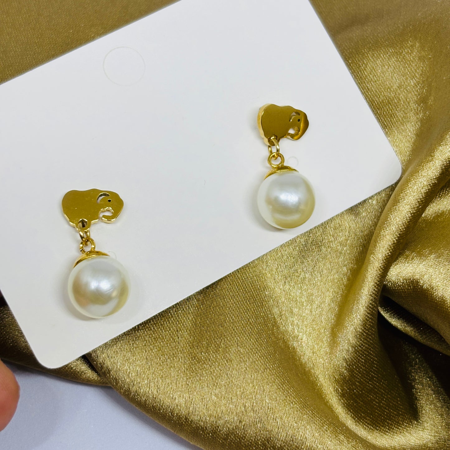 Elephant & Pearl Drop Earrings - Gold-Tone, Stainless Steel, Tarnish-Free, Waterproof, Hypoallergenic