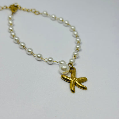 Pearl Chain Bracelet with Star & Pearl Charm – Gold-Tone, Stainless Steel, Tarnish-Free, Waterproof, Hypoallergenic