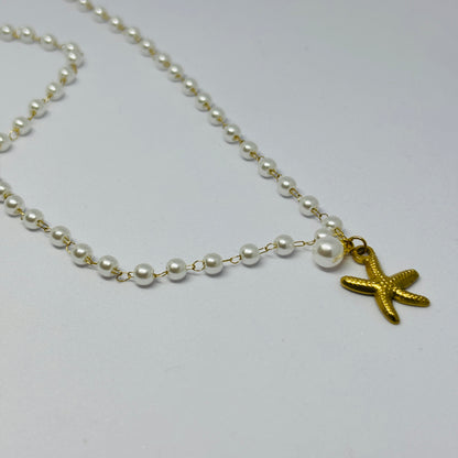 Pearl Chain with Star & Pearl Pendant – Gold-Tone, Stainless Steel, Tarnish-Free, Waterproof, Hypoallergenic