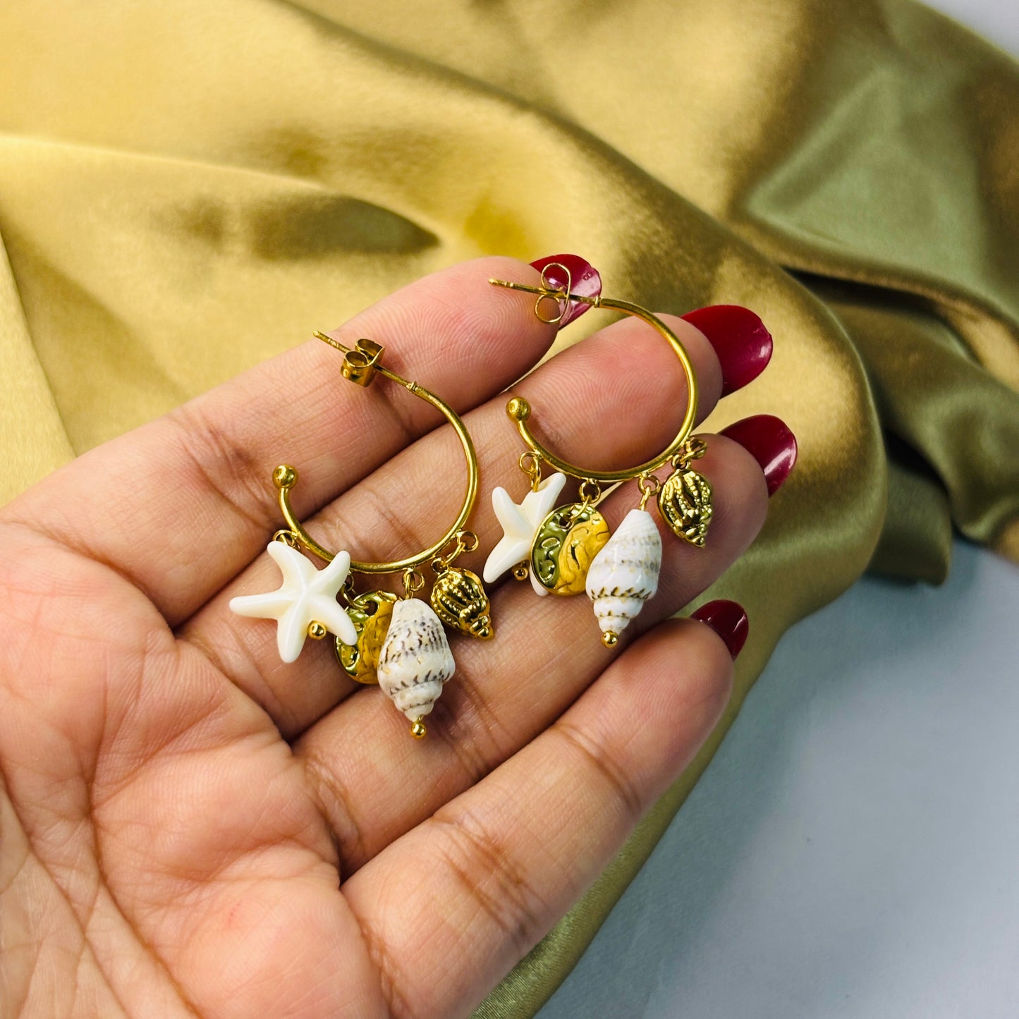 Starfish Shell Hoop Earrings – Gold-Tone, Stainless Steel, Tarnish-Free, Waterproof, Hypoallergenic