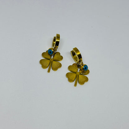 Evil Eye & Flower Charm Earrings – Gold-Tone, Stainless Steel, Tarnish-Free, Waterproof, Hypoallergenic