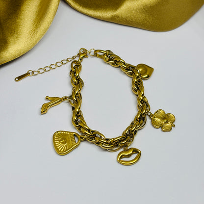 Hembu Jewelry Gold-Tone Charm Bracelet – Bags, Lips, Flower, Shoe & Sandal Charms – Tarnish-Free, Waterproof Stainless Steel, Hypoallergenic Jewelry