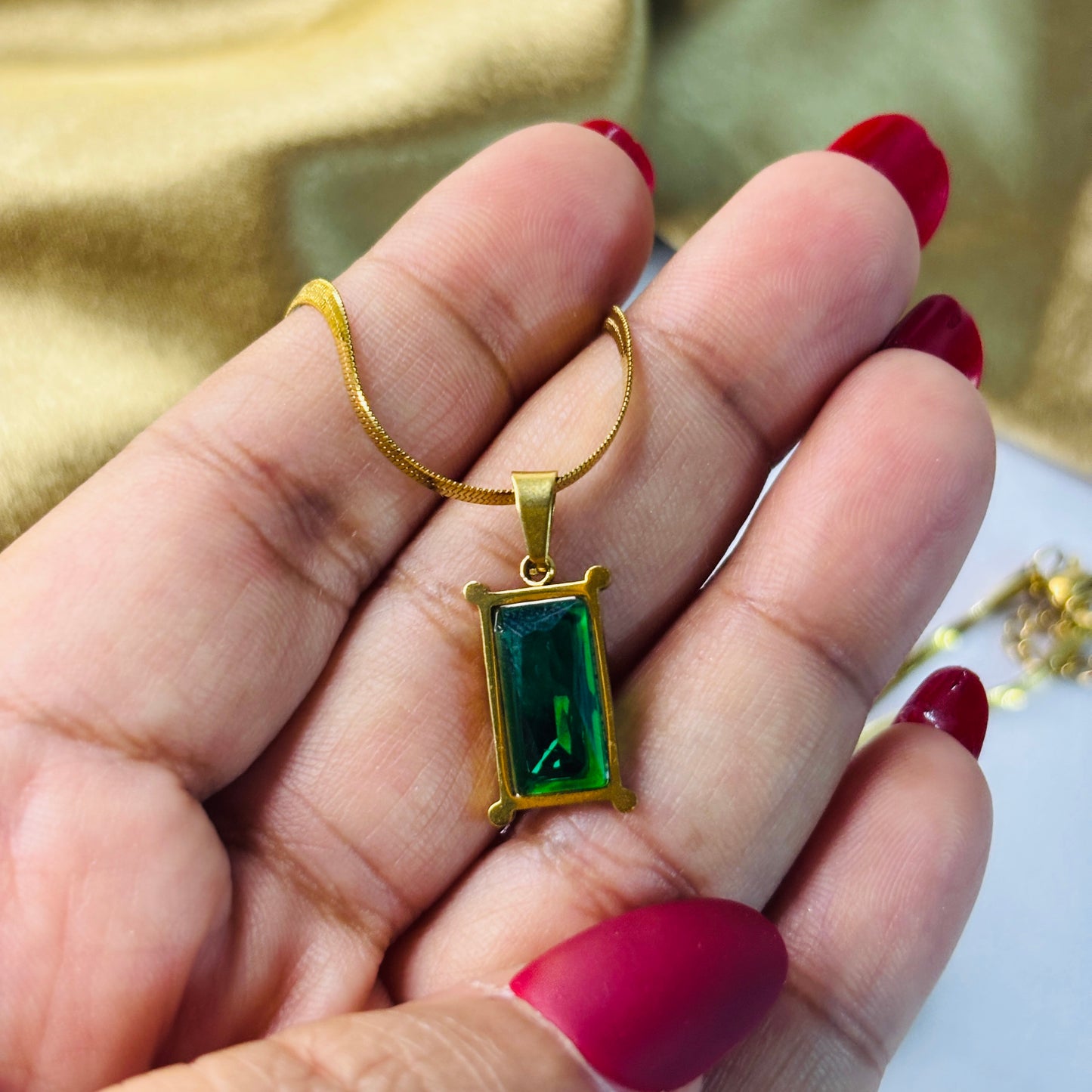 Hembu Jewelry Gold-Tone Green Stone Pendant Necklace – Tarnish-Free, Waterproof Stainless Steel, Hypoallergenic Jewelry