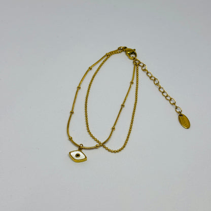 Evil Eye Double Layer Bracelet – Gold-Tone, Stainless Steel, Tarnish-Free, Waterproof, Hypoallergenic
