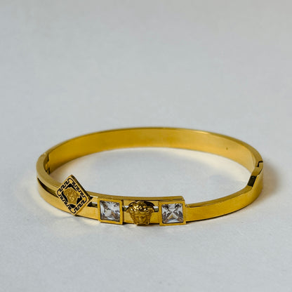 Hembu Jewelry Gold-Tone Square Crystal & Medusa Motif Bangle Bracelet – Tarnish-Free, Waterproof Stainless Steel, Hypoallergenic Jewelry