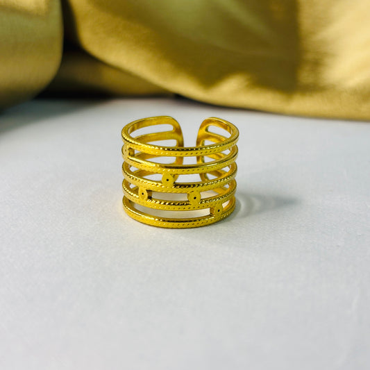 Statement Wide Band Ring – 5 Lines, Gold-Tone, Stainless Steel, Tarnish-Free, Waterproof, Hypoallergenic