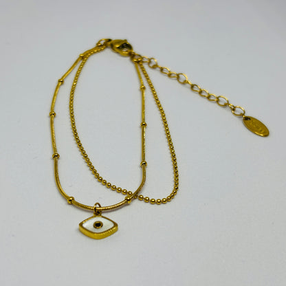 Evil Eye Double Layer Bracelet – Gold-Tone, Stainless Steel, Tarnish-Free, Waterproof, Hypoallergenic