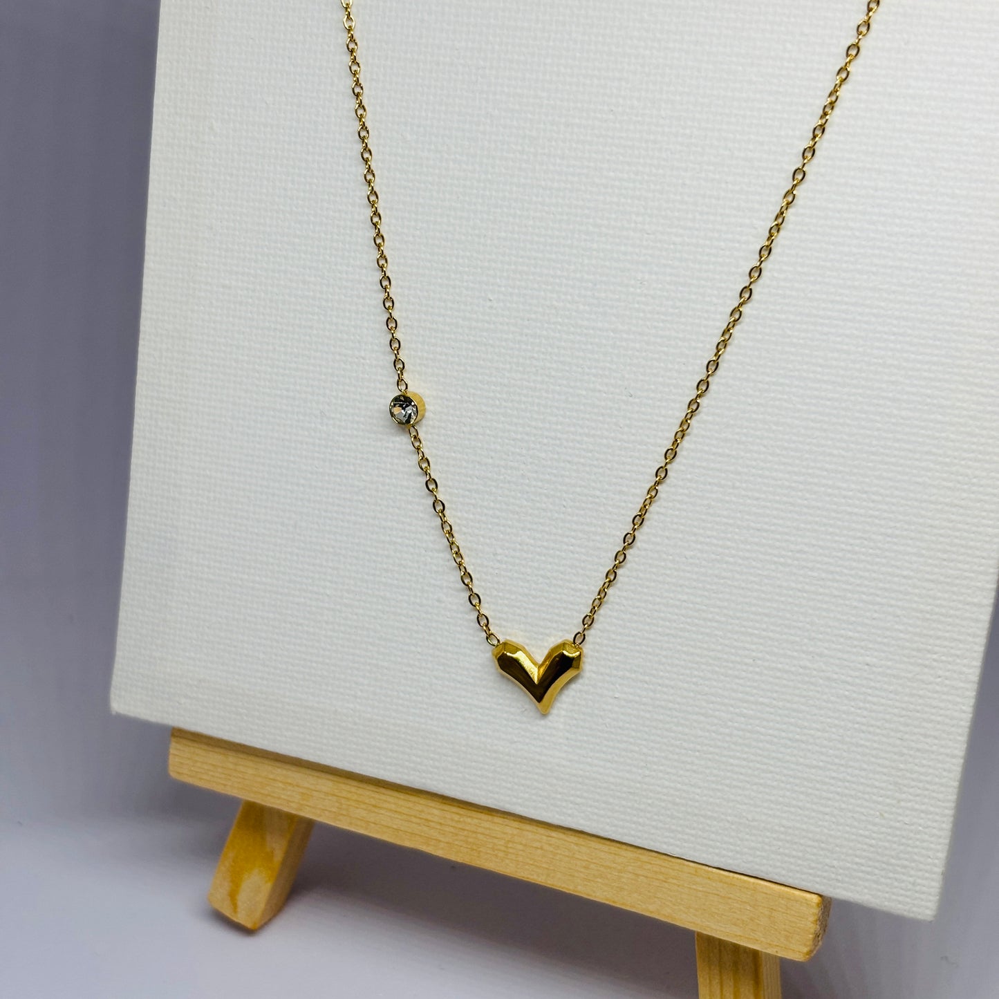 Mini Heart & Stone Necklace – Gold-Tone, Stainless Steel, Tarnish-Free, Waterproof, Hypoallergenic