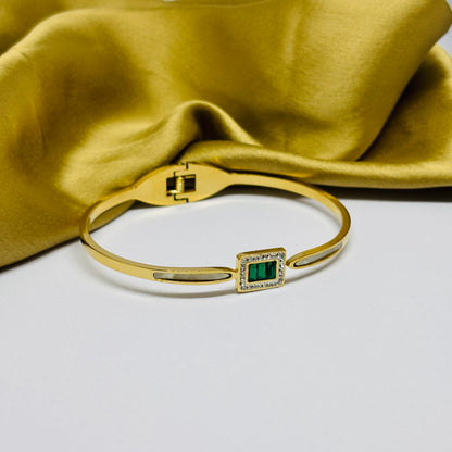 Hembu Jewelry Classic Gold-Tone Greenstone Crystal Bracelet – Tarnish-Free, Waterproof Stainless Steel, Hypoallergenic