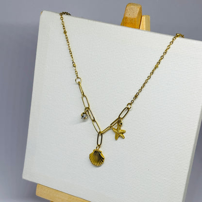 Shell, Star & Stone Necklace – Gold-Tone, Stainless Steel, Tarnish-Free, Waterproof, Hypoallergenic