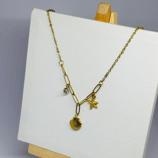 Shell, Star & Stone Necklace – Gold-Tone, Stainless Steel, Tarnish-Free, Waterproof, Hypoallergenic