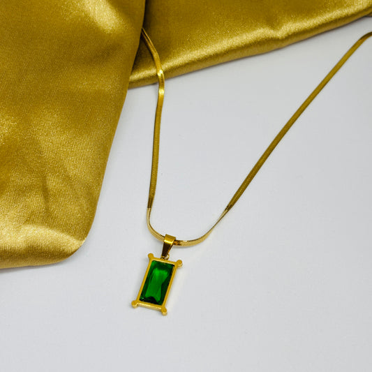 Hembu Jewelry Gold-Tone Green Stone Pendant Necklace – Tarnish-Free, Waterproof Stainless Steel, Hypoallergenic Jewelry