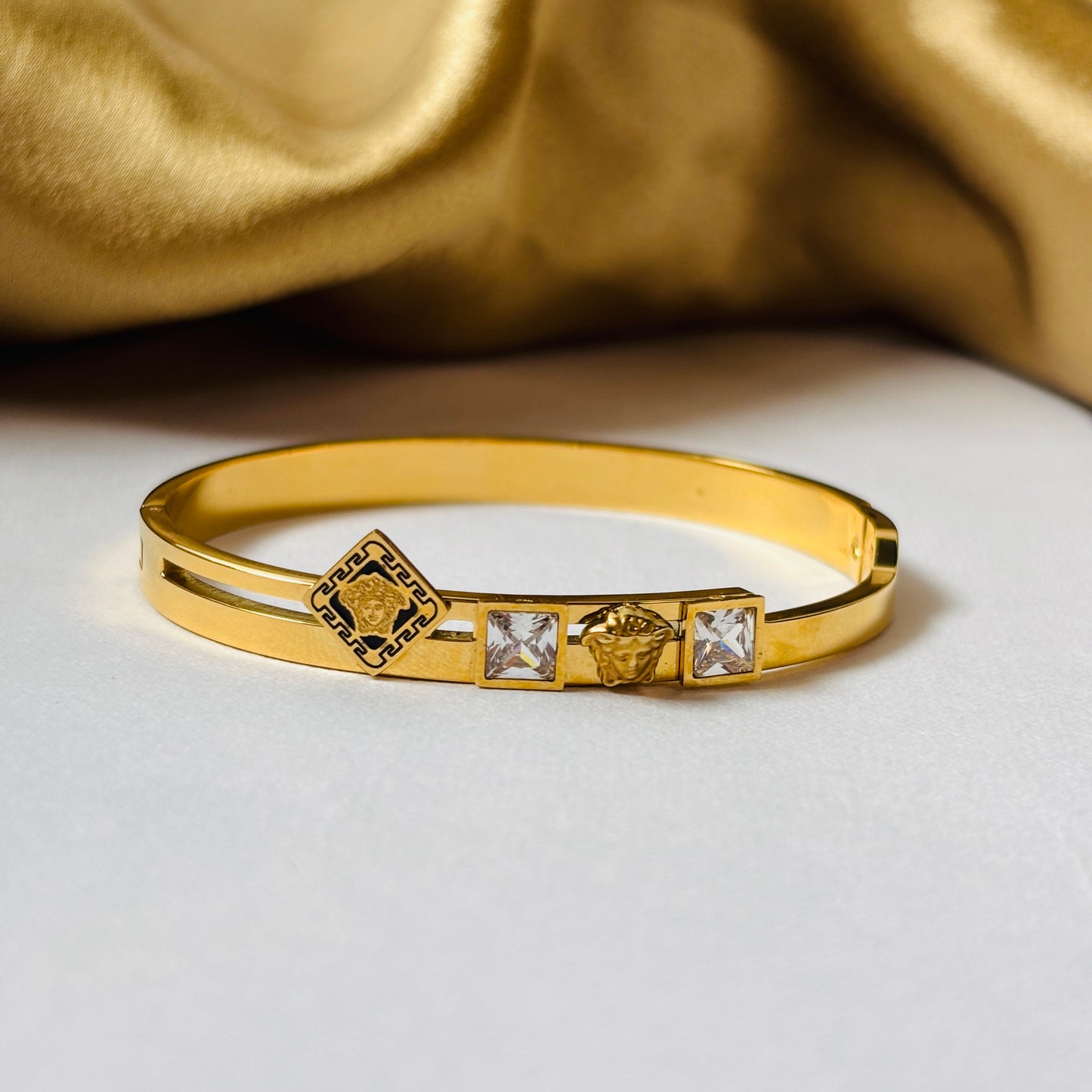 Hembu Jewelry Gold-Tone Square Crystal & Medusa Motif Bangle Bracelet – Tarnish-Free, Waterproof Stainless Steel, Hypoallergenic Jewelry