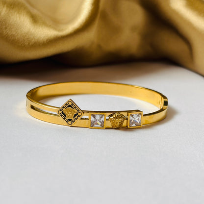 Hembu Jewelry Gold-Tone Square Crystal & Medusa Motif Bangle Bracelet – Tarnish-Free, Waterproof Stainless Steel, Hypoallergenic Jewelry