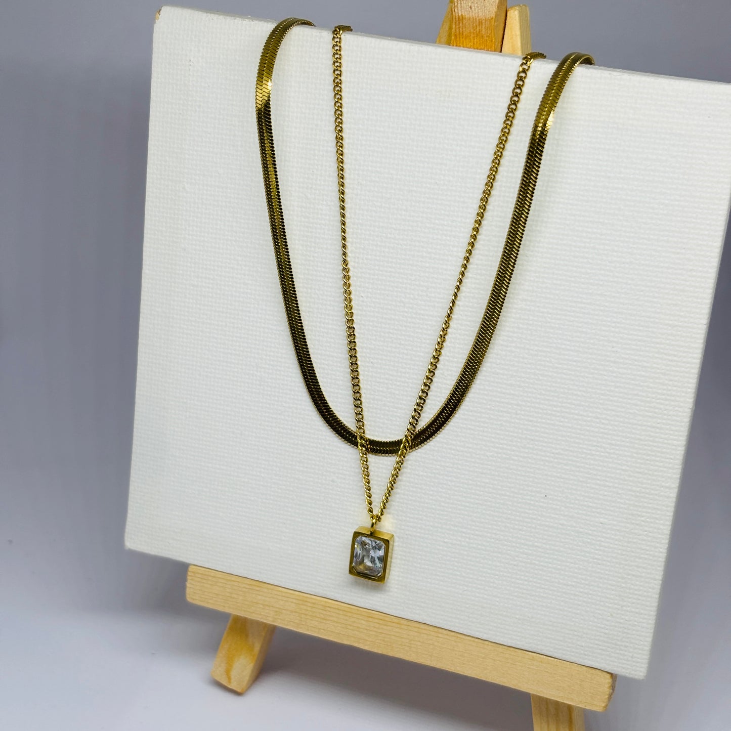 Double Chain Stone Pendant Necklace – Gold-Tone, Stainless Steel, Tarnish-Free, Waterproof, Hypoallergenic