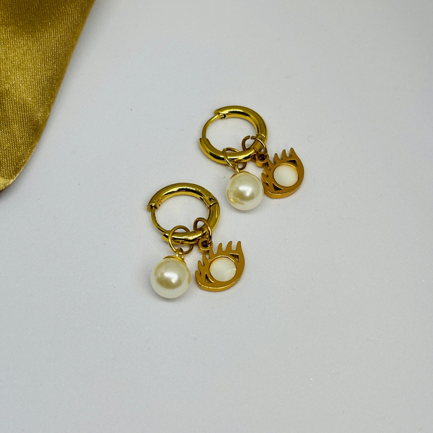 Eye and Pearl Earrings – Gold-Tone, Stainless Steel, Tarnish-Free, Waterproof, Hypoallergenic
