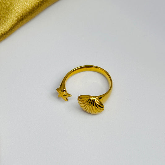 Hembu Jewelry Adjustable Shell & Star Ring – Gold-Tone, Front-Open Design, Tarnish-Free, Waterproof, Hypoallergenic