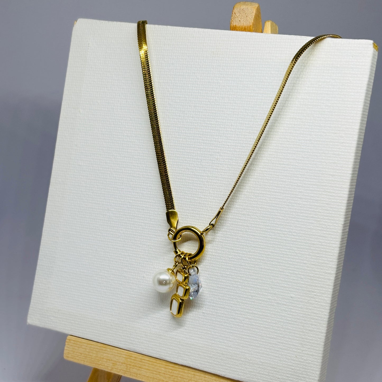 Trinity Charm Necklace – Pearl, Stone & Design Pendant – Gold-Tone, Stainless Steel, Tarnish-Free, Waterproof, Hypoallergenic