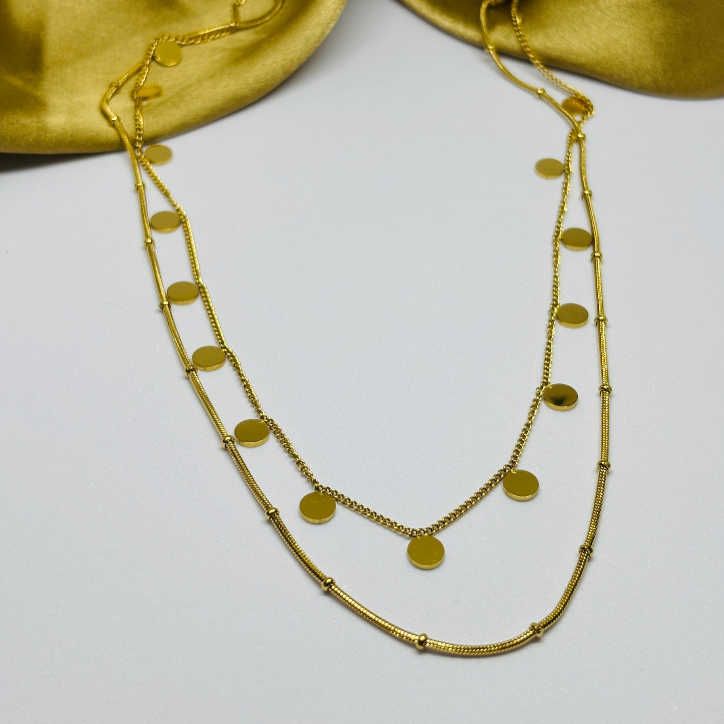 Double Layer Mini Circles Necklace – Gold-Tone, Stainless Steel, Tarnish-Free, Waterproof, Hypoallergenic